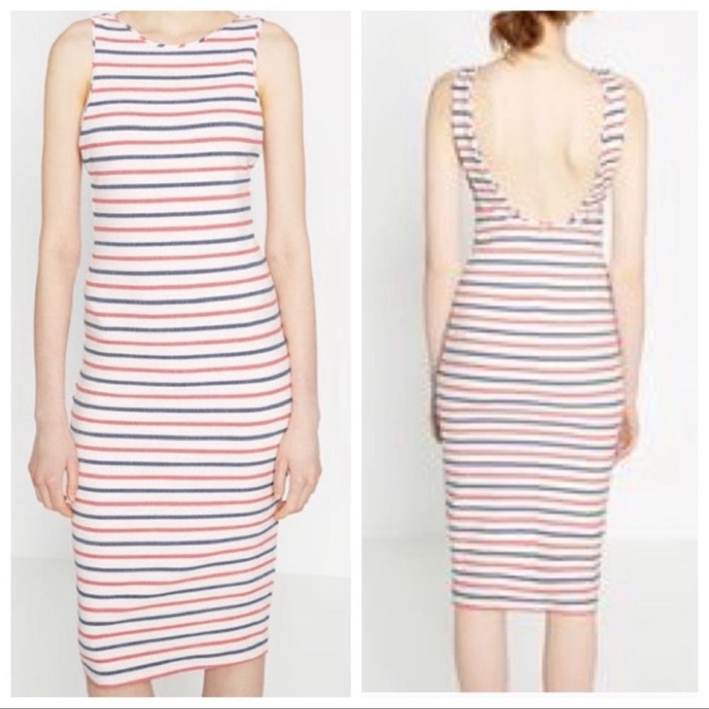 Zara Striped Midi Bodycon Dress Red White Blue XS